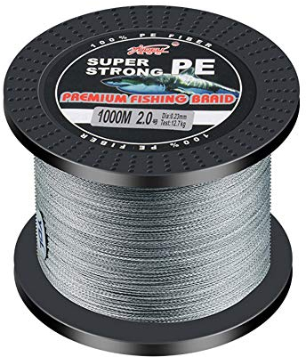 SXSHUN 1000 Meter Angelschnur 4-Fach PE Geflochtene Schnüre, Grau, 2.0 (0.23mm/12.7kg)