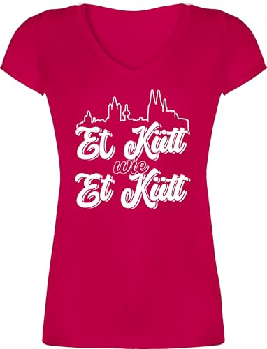 T-Shirt Damen V Ausschnitt - & Fasching - Konfetti im Herzen I Köln Karneval I Confetti - L - Fuchsia - Tshirt Herz faschingsshirt Faschings Fastnacht Shirts karnevalsshirts Karnevals Shirt