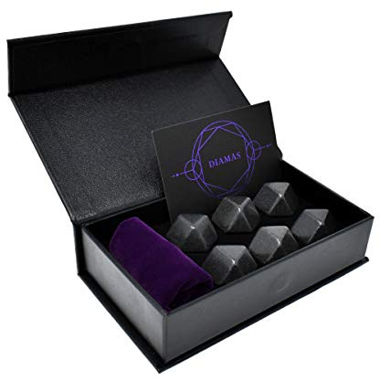 DIAMAS Whisky Stones Gift Sets for Men - 6 Handcrafted Premium Granite 14 Sided Chilling Stones + Velvet Pouch Inside Modern Magnetic Closing Eco Box Set