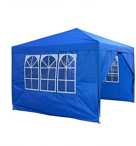 Pop Up Canopy 3x3m Gazebo Marquee Garden Awning Party Tent Canopy 4 polyester sidewalls (Blue)