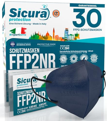 30 Mascherine FFP2 Certificate CE BLU con Elastici Neri SICURA | Logo Impresso BFE ≥99% Made in Italy Mascherina ffp2 SANIFICATA e sigillata singolarmente