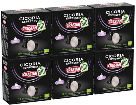 CRASTAN 1870 - Capsule compatibili Nespresso - Cicoria da agricoltura biologica - 6 Box da 15 Capsule - Totale 90 caspule - Naturalmente Priva di Caffeina - Senza Glutine