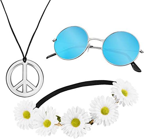 Balinco Hippie Set 3-teilig, Peace Kette, Blumen Haarband & runde Brille, Karneval, Fasching, Festival, 70er Jahre Kostüm, Festival Outfit Accessoires
