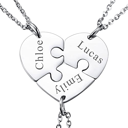 INBLUE Collana Personalizzata per Uomo/Donna, Collana di Coppia/Amicizia per 2/3/4/5 Pezzi, Set di Collane con Pezzi di Puzzle A Cuore Nero/Argento, Collana con Incisione Nome/Testo