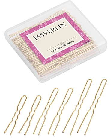 JASVERLIN Blonde Hair U-formad hårnål för rullar, guld stor mini U Bobby Pins för kvinnor flickor Updo bröllop frisyrer tillbehör storlek sortiment 150 stycken