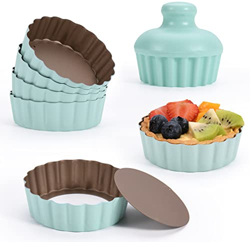 CGGYYZ Mini Round Tart Pan with Removable Bottom, Nonstick Mini Pie Pans for Baking, Carbon Steel Quiche Pan Set for Cupcake Muffin Cakes and Desserts, Including 6 Tart Pan and 1 Tart Tamper (Green)