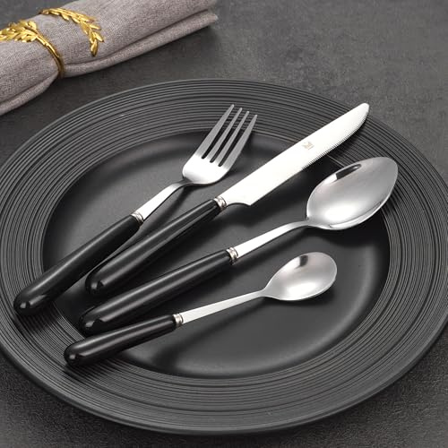 16 pcs SensiSel Black Handles Shinny Silver Stainless Steel Cutlery Set for 4 Diners, Knife and Fork Set - Mirror Polished Smooth Edges - Dishwasher Safe - Kitchen Gift Set