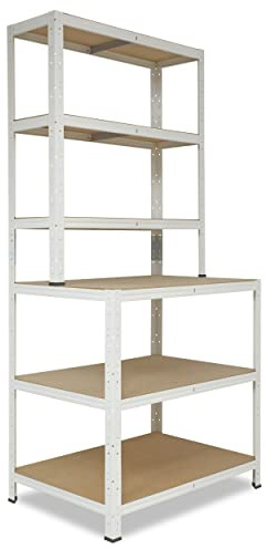 shelfplaza® 190x100x60cm Home Werkbank Regal Schwerlast weiß mit 6 Böden à 145kg Tragkraft/Metall Schwerlast Steckregal Schwerlastregal Stufenregal Metall Regalsystem/Regale Lagerregale