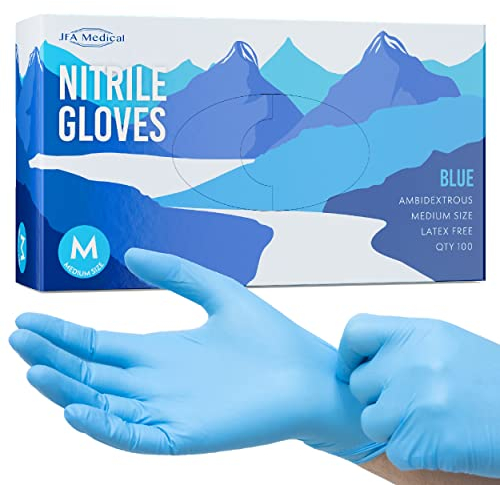 JFA Medical Disposable Powder Free, Latex Free, Food Grade, Food Prep Blue Nitrile Gloves - Box of 100 (Medium)