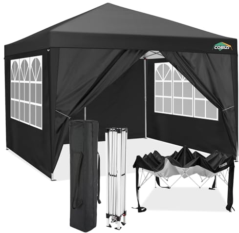 COBIZI Pavillon 3x3 Wasserdicht Stabil Winterfest Partyzelt 3x3 mit 4 Seitenteilen Pop Up Faltpavillon UV Schutz 50+ Gartenpavillon Mit Handtasche, 8X Heringe und 4X Windseil, Schwarz