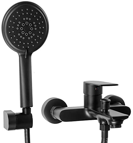 Rea Badewannenarmatur MAYSON BLACK MAT Wasserhahn Badewanne Einhebel Wannenarmatur mit Handbrause Badarmatur aus Messing Mischbatterie Wandmontage (Schwarz)