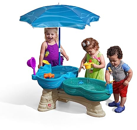 Step2 Spill & Splash Seaway Wasserspieltisch | Großer Wassertisch mit 11-teiligem Zubehör Set & Sonnenschirm | Garten Wasser Spieltisch für Kinder in Blau