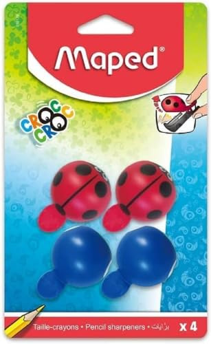 Maped – Juego de 4 sacapuntas de cocodrilo de Croc Easy Mariquita y Ballena – 1 agujero para lápices estándar, fácil de abrir, para niños a partir de 4 años