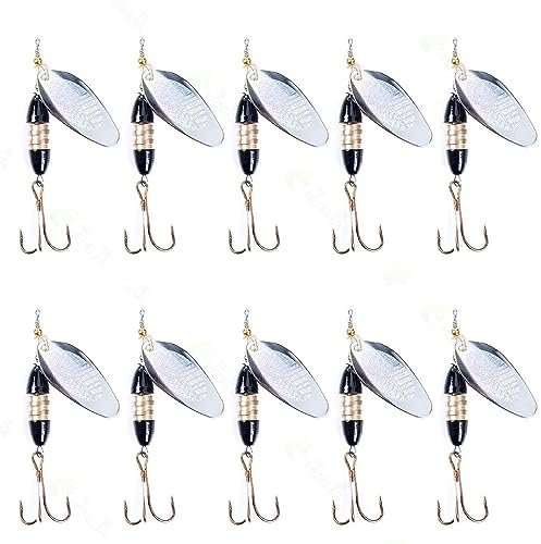 Generico Cucchiaio da Pesca con Esche, 10 Pezzi di Acqua Salata Tre Ami con Paillettes Rotanti, Esche da Pesca in Acqua Salata for Trote Grosse Salmone Spigola Luccio Minnow
