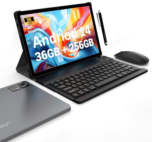 FASTWD Tablet 11 Pulgadas Android 14 con 4G LTE y 5G WiFi,36GB RAM+256GB ROM/9580 mAh/2000 * 1200 FHD/Widevine L1/Face ID/GPS/BT 5.0/TÜV/USB-C Tablet con Teclado + Ratón + Funda, Gris