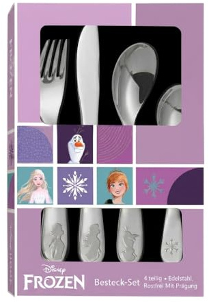 Frozen set de cubiertos para niños 4 piezas - acero inoxidable con cuchillo, tenedor, cuchara sopera y cuchara de postre - motivo en relieve con Elsa, Anna y Olaf - apto para lavavajillas
