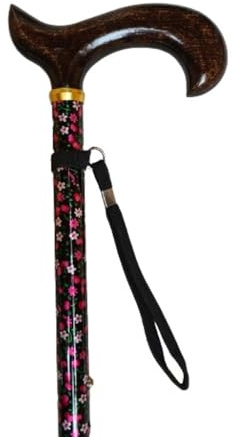 Stock-Fachmann® Höjdjusterbar promenadkäpp i blommig design med derbyhandtag av trä smyckeband och handledsrem 11-vägs justerbar höjd från 68–94 cm egenvikt 300 g kan belastas upp till 100 kg