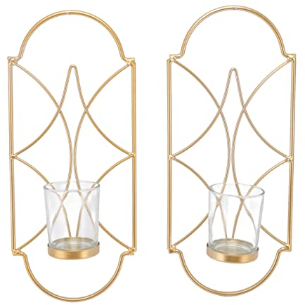 Home Gardening 2 Stück Wand-Kerzenhalter aus Eisen und Glas, Dekorationszubehör Wohnzimmer, Schlafzimmer, Gold, 31 X 14 X 7 cm, Kerzenhalter, Tägliche Dekoration (Gold)