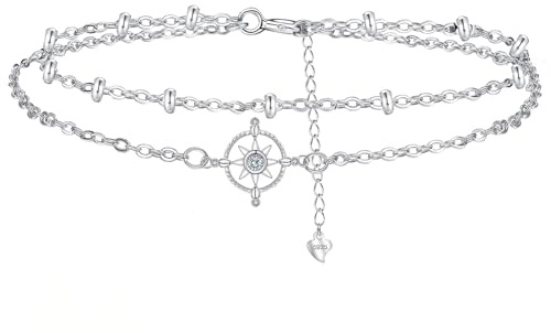 Hifeeled Fußkettchen Damen Silber 925 Doppelkette mit Kugelperlen Fusskettchen Sommer Barfuß Strand Fußketten Verstellbar |22cm+4|