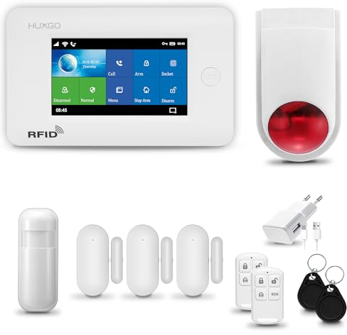 HUXGO® HXA006 Funk Alarmanlage Set WiFi + GSM 4G mit Solar-Alarmsirene | Alarm System mit Bewegungsmelder, 3X Fensteralarm/Türsensoren | Alarmanlage fürs Haus, Wohnung, Wohnmobil | Smart Home
