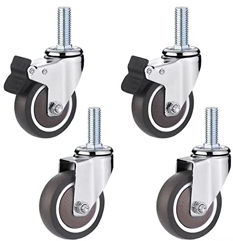 Schwerlastrollen 4 x robuste Lenkrollen, bewegliche Möbelrollen, drehbare Lenkrollen for Einkaufswagen, gummierte Trolley-Räder, Gewindeschaft M12 x 25 mm, Tragfähigkeit 60 kg pro Rolle (Bremse) (Col
