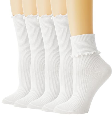 BISOUSOX Ruffle Socks Woman, White Boot Cozy Crew Cute Frilly Ankle Dress Socks for Women Girls Turn-Cuff Size 5 7-9