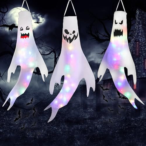 3 Pezzi Manica a Vento Fantasma di Halloween, Fantasma Windsock Decorazione Appesa, Ghost Windsocks con Luce Colorato a LED, per Halloween Decorazioni