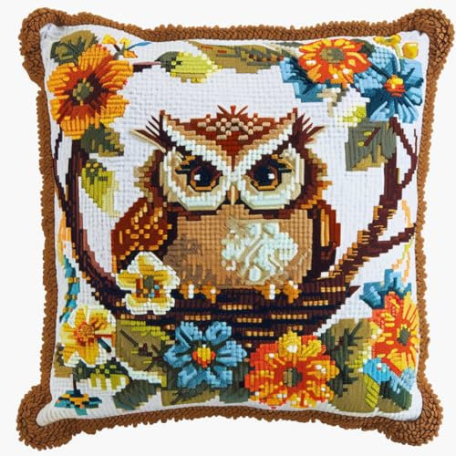 DIY knüpfen set erwachsene Süße Eule knüpfkissen Tiere und Blumenkörbe DIY-Kreuzstich-Sofakissenbezug mit Knüpfwerkzeug，passend für Jugendliche und Erwachsene. Knüpfhaken-Kissenbezug-Set 43x43cm