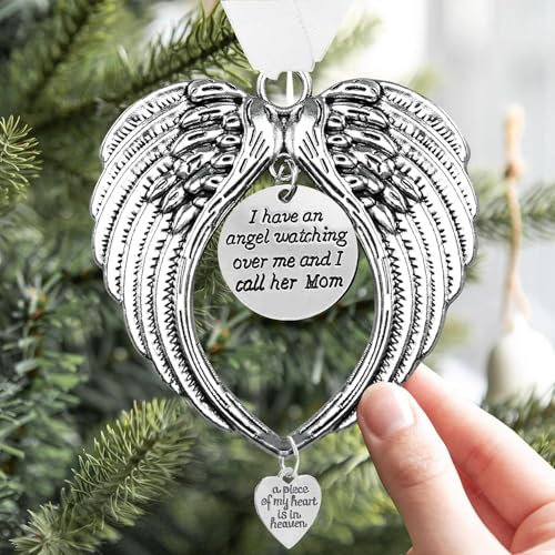 LYPER Loss of Mom Gift Angel Wings Memorial Christmas Ornaments, Sympathy Gifts - I Have a Angel Watching Over Me I Call -A Piece of My Heart Is in Heaven Christmas Decorations for Loss of Loved One