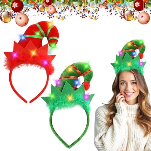 2 Stück Weihnachts Haarreif, Beleuchtete Weihnachten Stirnbänder mit LED, Haarreif Weihnachten, LED Weihnachtself Haarschmuck, Leuchtender Weihnachts Kopfschmuck Weihnachtshaarreifen für Weihnachten