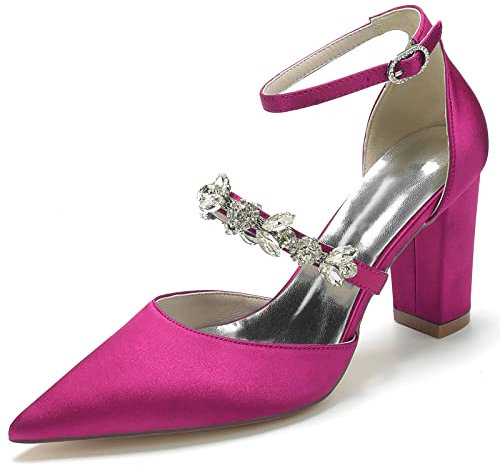 HFWXYSA Décolleté da sposa da donna, con cinturino a T, punta a punta, tacco grosso, scarpe da sposa, Fucsia, 40 EU