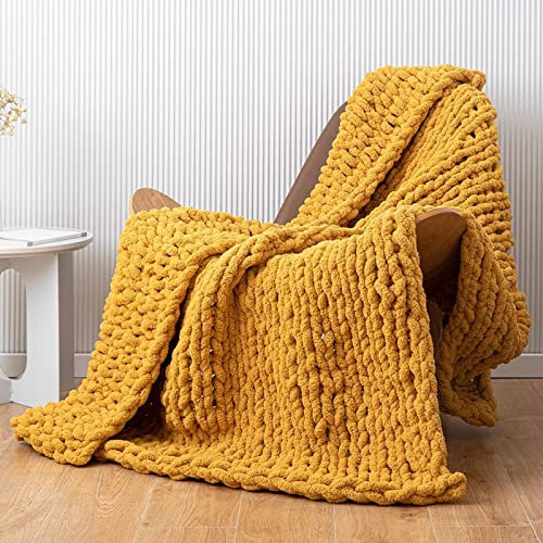 Handgefertigte gelbe Grobstrickdecke, weiche riesige Strickdecke, Überwurf für Sofa, Bett, Sessel, Garten, 80 x 80 cm