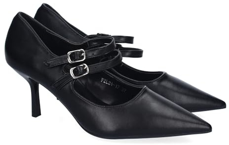 shoes&blues.es 88352 Zapatos de Salon para Mujer, Elegantes y Comodos, Tacon y Puntera Fina, Versalites, Diseno Moderno con Tres Hebillas. Negro Talla 37