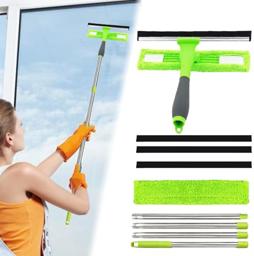 2in1 Window Cleaning Kit Extra Long 1.7 Meters Cleaner Equipment, Professional Window Squeegee Glass Cleaning Tool with Spare Microfiber Cloth Squeegee Strips, Screw-on Type