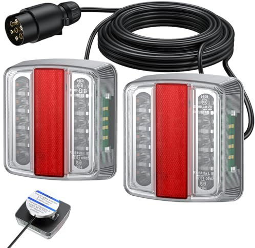 AUTOUTLET Rückleuchten Set für Anhänger, Magnet verkabelt - 7,5m Kabel & 7 poliger Stecker, 18 LED ultrahelle Rückleuchten Rücklicht Anhängerbeleuchtung 12V Anhänger Beleuchtung mit E11-Standard(Weiß)