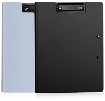 Lot de 2 planchettes à pince A4 avec double clips, pliables avec couverture en plastique noir et gris pour l'école, le bureau, l'industrie