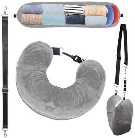 IKOPFLN Reise Nackenkissen Flugzeug Travel pillow Nackenhörnchen Befüllbares nackenkissen Nackenkissen befüllbar mit Kleidung zum Reisen, Waschbarer Kissenbezug, Flug Handgepäck sparen（Grau）
