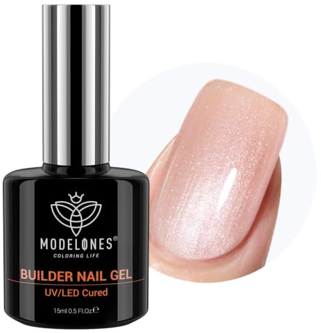 modelones Aufbaugel für Gelnägel, 8 in One Builder Gel Glitzer Nude, UV Gel zur Nagelverlängerung und Modellage und Strengthener Extension HardGel Base Nail Art DIY 15ML