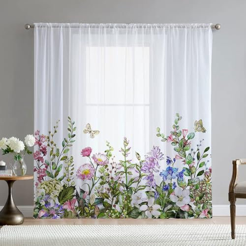 Lukery Transparent Vorhänge Wohnzimmer 1 Stück, Blumendruck Weiß Lang Halbtransparent Gardinen Vorhänge Durchsichtig für Fenster Küche Wohnzimmer Landhaus (Grün1,108x137cm)