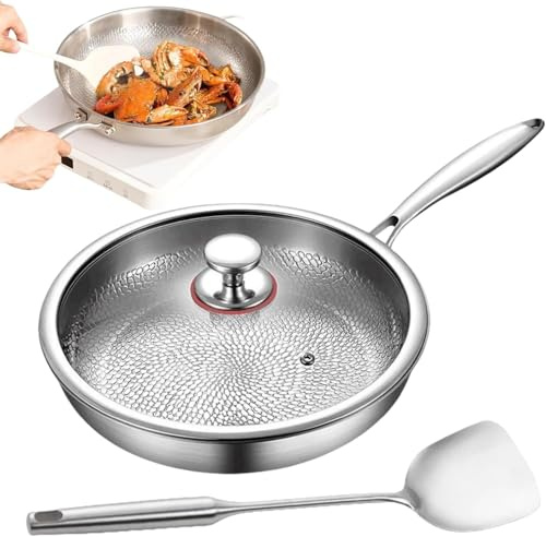 Uornwz Siraatskitchen Titanium Hammered Pan Pro with Lid, 24 cm, Sartén de titanio martillada Pro con tapa, antiadherente de titanio