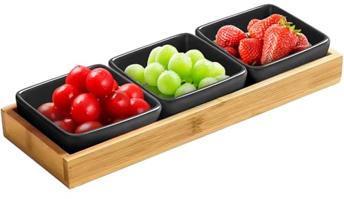 VEGOATY 3er-Set Schwarze Dipschalen Set mit Brett Holz，Servierschalen Set Dip Schälchen für Snacks Porzellan Snackschalen mit Bambus Servierplatte Snackschalen, Dessertschalen