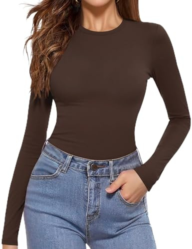 Aottori Maglia Donna Girocollo Cotone Maglietta Manica Lunga Aderente Basic Top Elegante Intimo Traspirante Elasticizzato Termico Sottogiacca Marrone XL