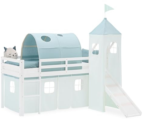 Homestyle4u Hochbett 90x200 cm mit Rutsche, Kinderbett aus Holz in Weiß | Spielbett Kiefer massiv inklusive Turm, Tunnel und Vorhang in Mintgrün, Absturzsicherung für Mädchen und Jungen