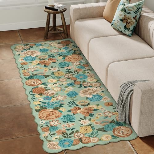 HUGEAR Grön köksmatta 60 x 180 cm mattor korridor löpare sängmatta halkfri tvättbar modern lång rektangulär blommönster kort lugg rug