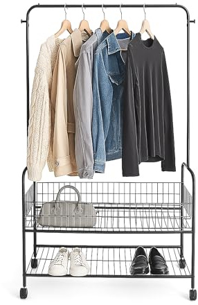 Relaxdays Kleiderständer mit Rollen, 2 Ablagen, Kleiderstange, Kleiderhaken, HBT 165 x 90 x 30cm, Rollgarderobe, schwarz