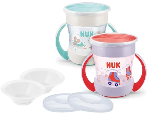NUK Mini Magic Cup Set – Rosa & Mint 2er Pack + 2 Ersatzdeckel & 2 Trinktüllen – BPA-frei, auslaufsicherer Babybecher ab 6 Monate