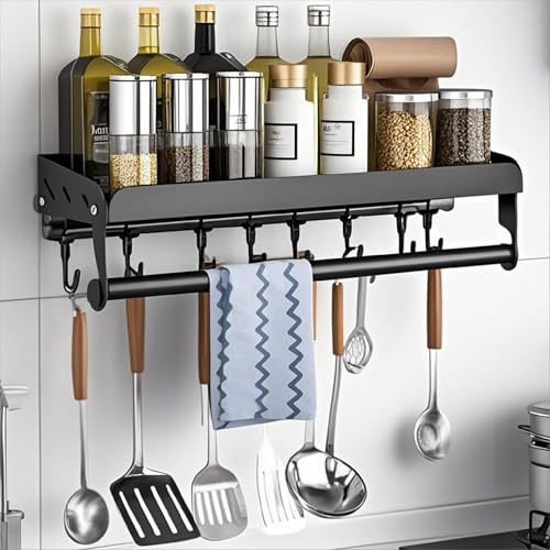 acfeco Gewürzregal Wand, Ohne Bohren Küchenregal, Gewürzregal Hängend Mit Küchenrollenhalter und 8 Haken, Gewürzständer aus Edelstahl, Wandregal Hängend für Küche Esstisch Büro (40cm und 8 Haken)
