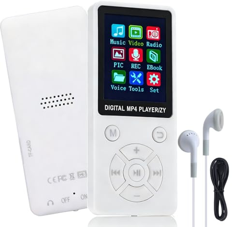 Ouitble MP3 Player/MP4 Player 64GB Bluetooth 5.0 HiFi MP3 Music Player, 1.8-inch LCD Screen with Loudspeaker Video E-book Photo Viewer Headphones Supports Up to 128GB (White)