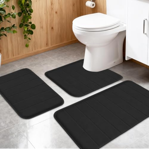 Set di tappeti da bagno a 3 posti, con retro antiscivolo, morbidi tappetini da doccia, lavabili e ad asciugatura rapida, per doccia, WC e bagno, 50 x 80 + a forma di U 50 x 60 + 40 x 60 cm (nero)