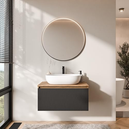 Planetmöbel Arisa Badmöbel Set Waschtisch mit Unterschrank | 80 cm, gold eiche schwarz (geriffelt) mit VELUNA Spiegel, Waschbecken 60 cm gold eiche weiß, Raumsparsiphon